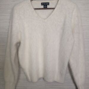 Vintage Venesha Angora Sweater Medium Off White V-Neck